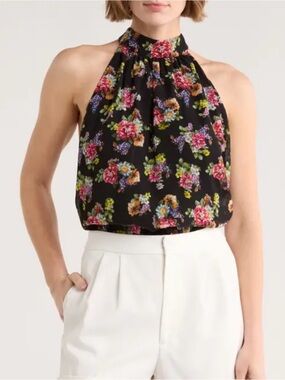 Alice + Olivia Maris Black Floral Halter Camisole
